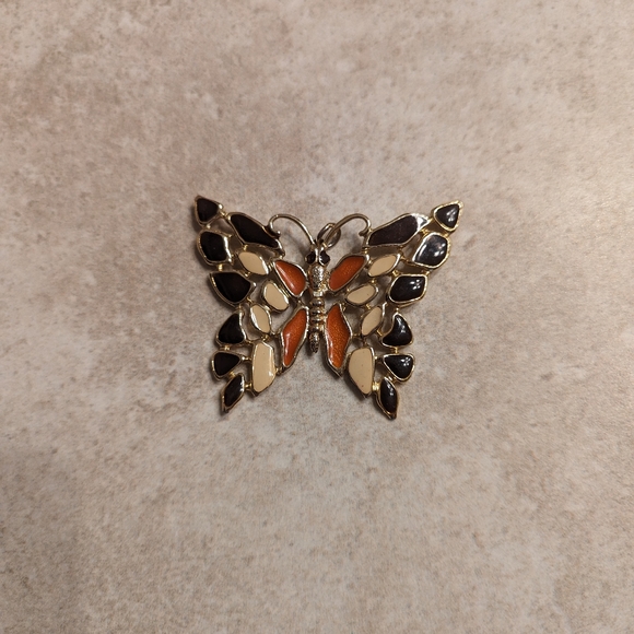 Enameled Orange and Black Gold Tone Butterfly Statement Pendant for Necklace - Picture 2 of 4